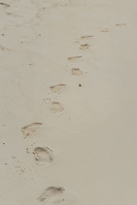 High angle view of footprints on sand at beach