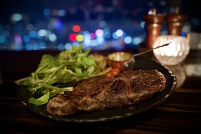 Close-up of food served on table