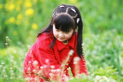 Close-up of cute girl on land