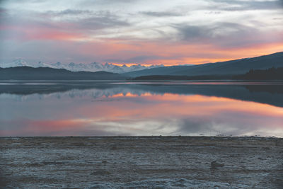 Scenic view of lake against sky during sunset