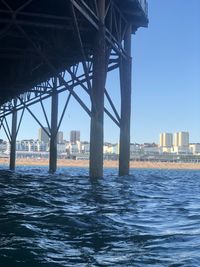 Bridge over river by buildings against clear sky