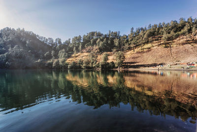 Reflection of trees in lake against sky