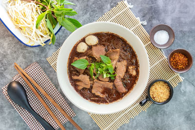 High angle view of food in bowl on table