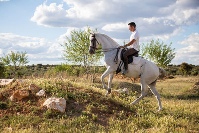 Woman riding horse on field