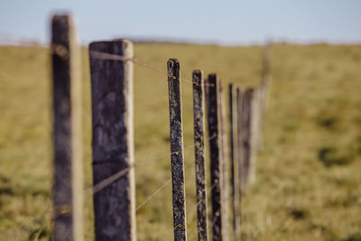 Close-up of wooden fence on field