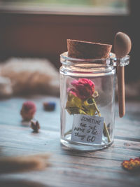 Close-up of drink in glass jar on table