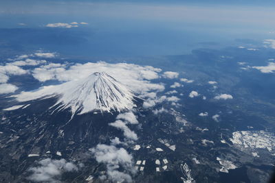 Aerial view of snowcapped mountains against sky