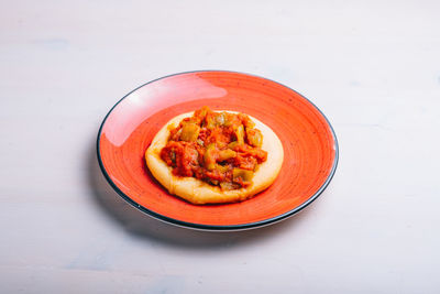 High angle view of food in plate on table