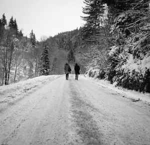 People walking on snow covered trees against sky