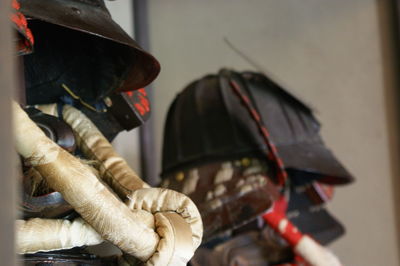 Close-up of helmets and ropes