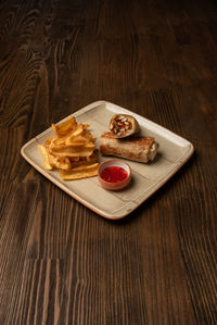 High angle view of breakfast on table