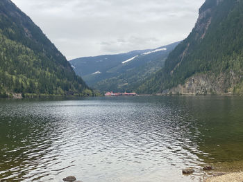 Scenic view of lake by mountains against sky