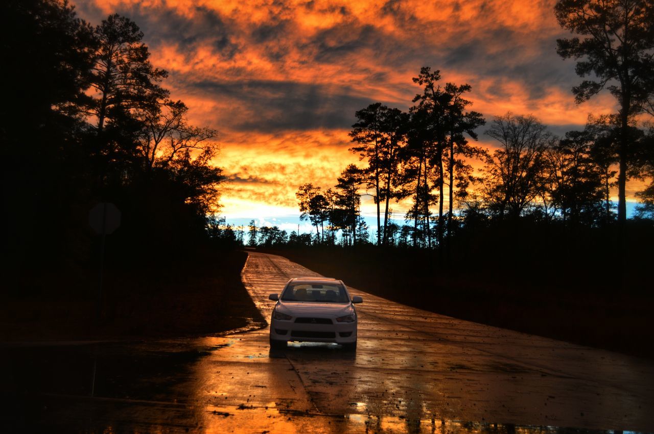 sunset, tree, sky, transportation, cloud - sky, orange color, silhouette, car, land vehicle, tranquil scene, tranquility, road, scenics, beauty in nature, water, mode of transport, nature, cloudy, cloud, dramatic sky