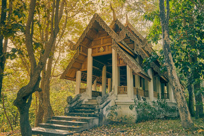 Low angle view of building by trees in forest