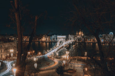 High angle view of illuminated city at night