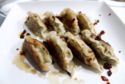 High angle view of dumplings in plate