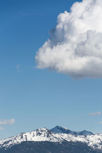 Low angle view of snowcapped mountains against sky