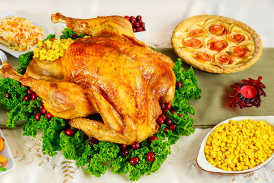 High angle view of meal served on table