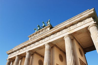 Low angle view of building against clear blue sky