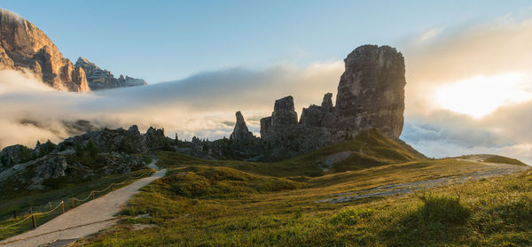 Scenic view of mountains against sky during sunset