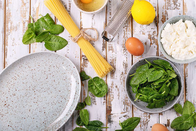 High angle view of vegetables in bowl on table