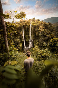 Man standing against waterfall in forest