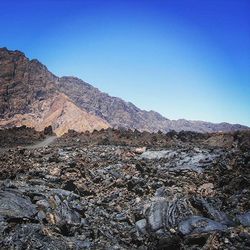 Scenic view of mountains against clear blue sky