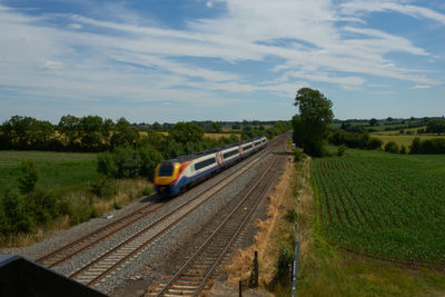 Train on field against sky