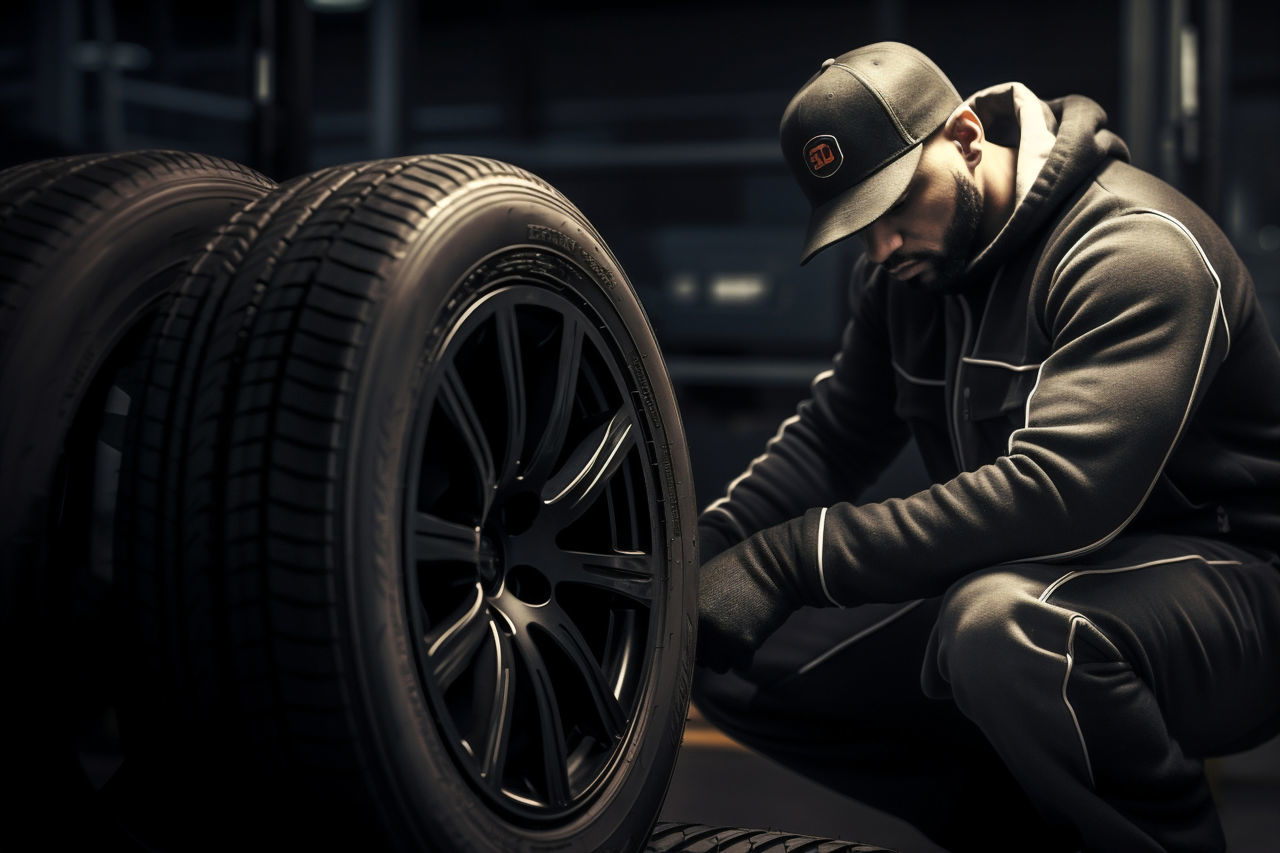 adult, tire, wheel, one person, men, transportation, black, occupation, clothing, mode of transportation, automotive tire, sports, person, protection, automobile, indoors, technician