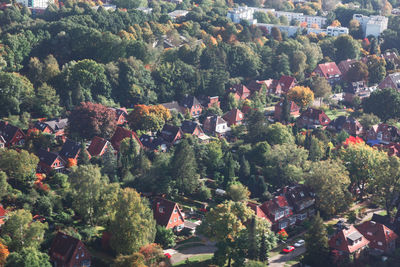 Typical german new housing development view from above . suburban residential district