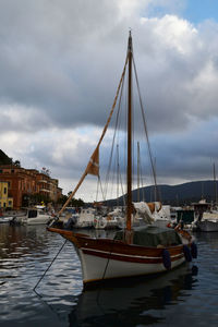 Boats in river with buildings in background