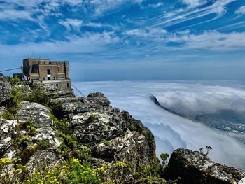 Scenic view of sea by buildings against sky