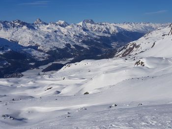 Scenic view of snowcapped mountains against sky