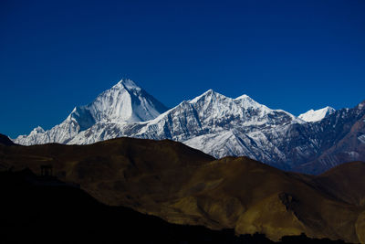 Scenic view of snowcapped mountains against clear blue sky