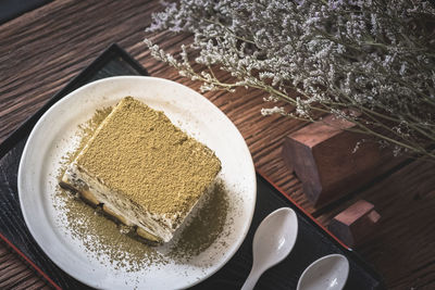 High angle view of dessert in plate on table