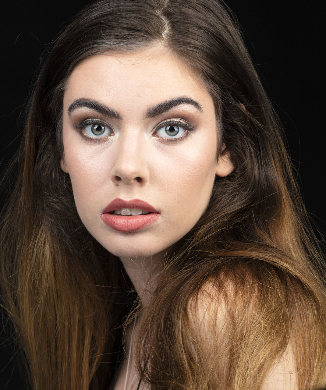 portrait, beauty, hair, young adult, beautiful woman, looking at camera, long hair, one person, headshot, hairstyle, women, studio shot, brown hair, front view, adult, young women, black background, close-up, indoors, lipstick, human face