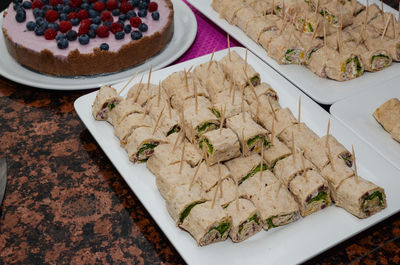 High angle view of cake in plate on table