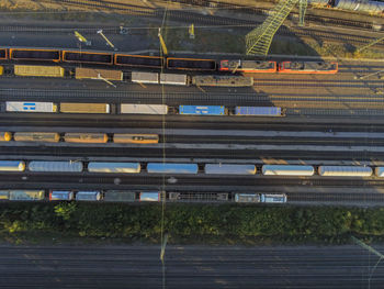 High angle view of railroad tracks by buildings