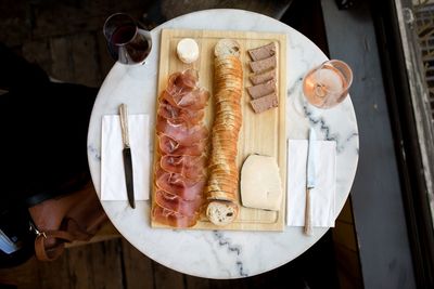 High angle view of food in plate on table