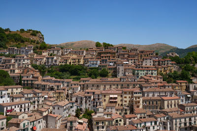 High angle view of townscape against clear sky