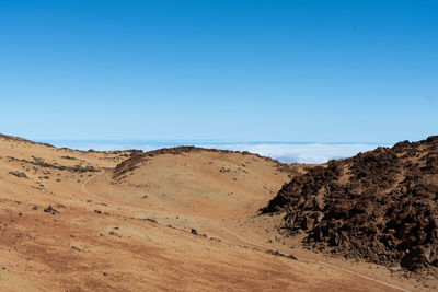 Scenic view of desert against clear blue sky