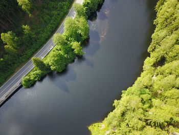 High angle view of river amidst trees against sky