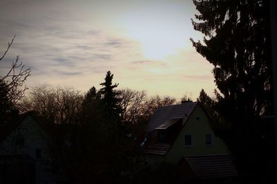 Silhouette trees and houses against sky during sunset