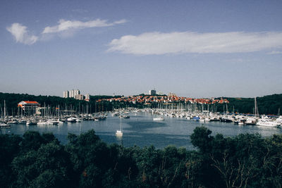 View of bridge over river against buildings