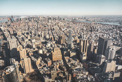 High angle view of modern buildings in city