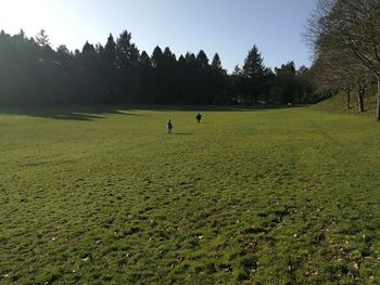 Scenic view of golf course on field against sky