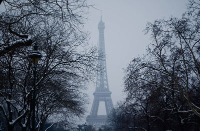 Bare trees against eiffel tower in winter