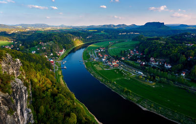 High angle view of green landscape against sky