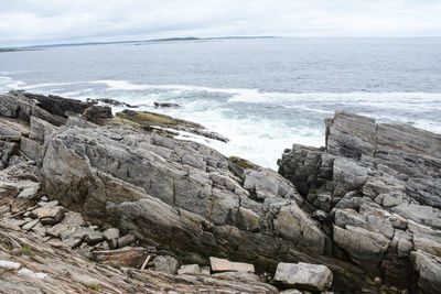 Rocks on sea shore against sky