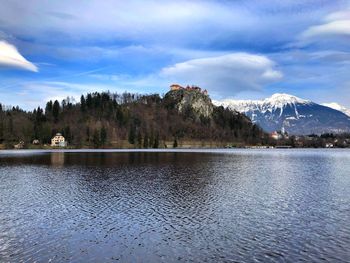 Scenic view of lake by trees against sky